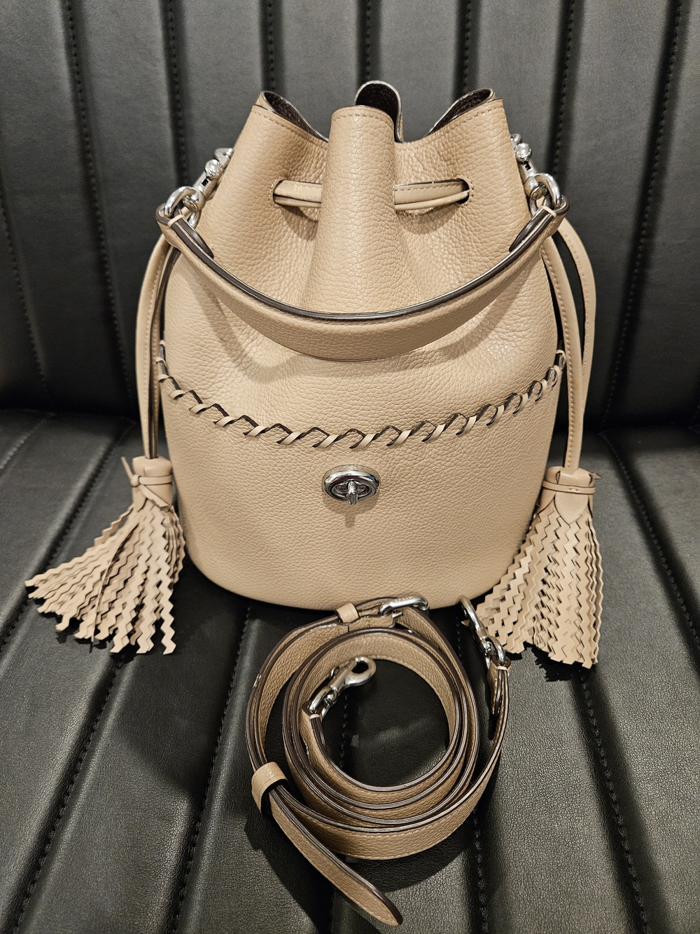 Coach Lora Leather Bucket Bag In Beige with Whipstitch And Tassels #651